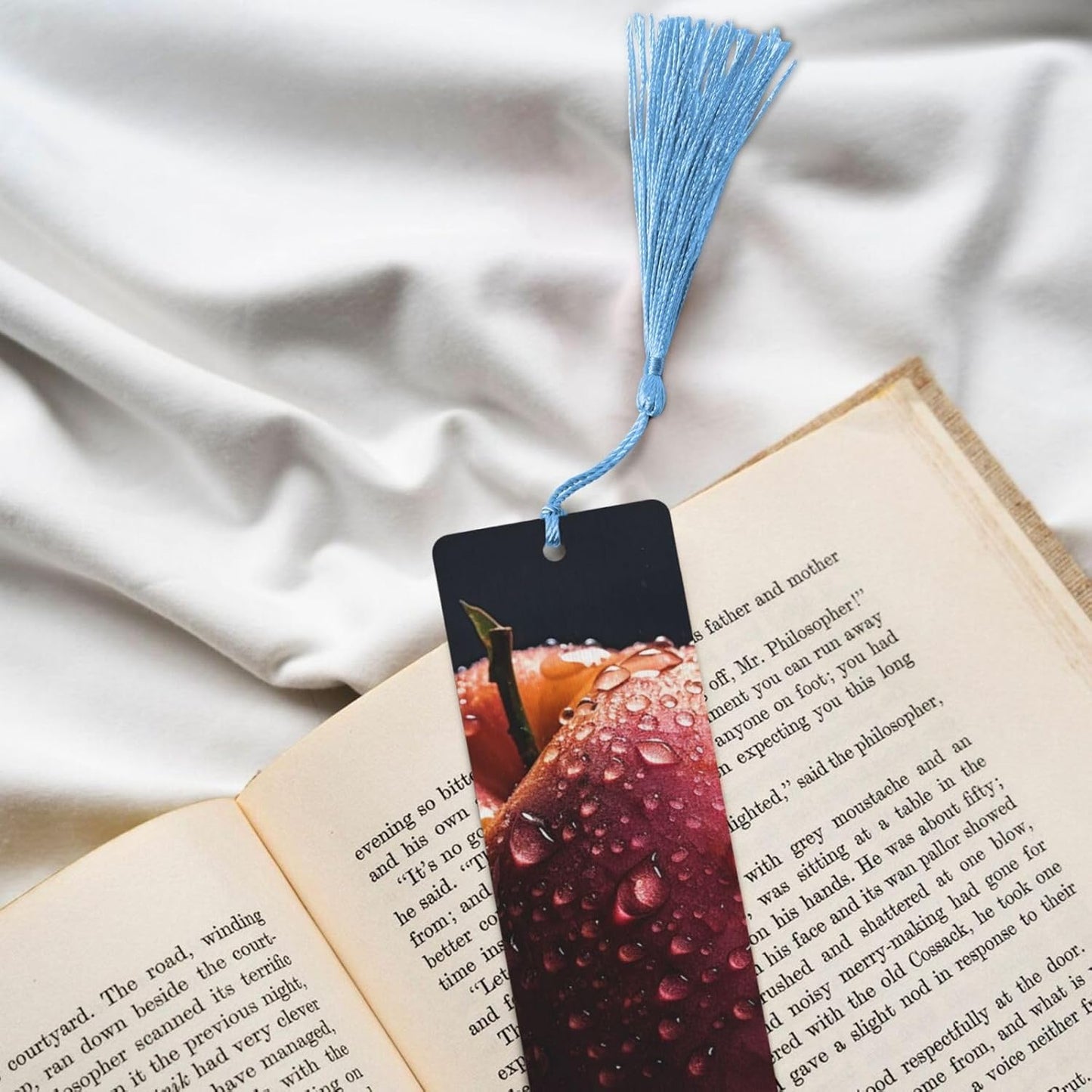 Peach with Water Drops Bookmarks Gifts for Women Men, Wooden Bookmarks for Book Lovers, Vintage Book Marks Ornaments with Tassel, Unique Personalized Reading Page Markers Sky Blue