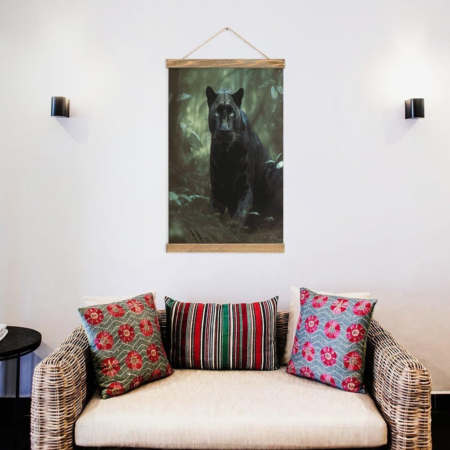 Vintage Forest Panther Poster with Wooden Frame Personalized Linen Hanging Scroll Painting Rustic Wall Hanging Illustrative Modern Artwork Decor for Home Living Room Bedroom Office