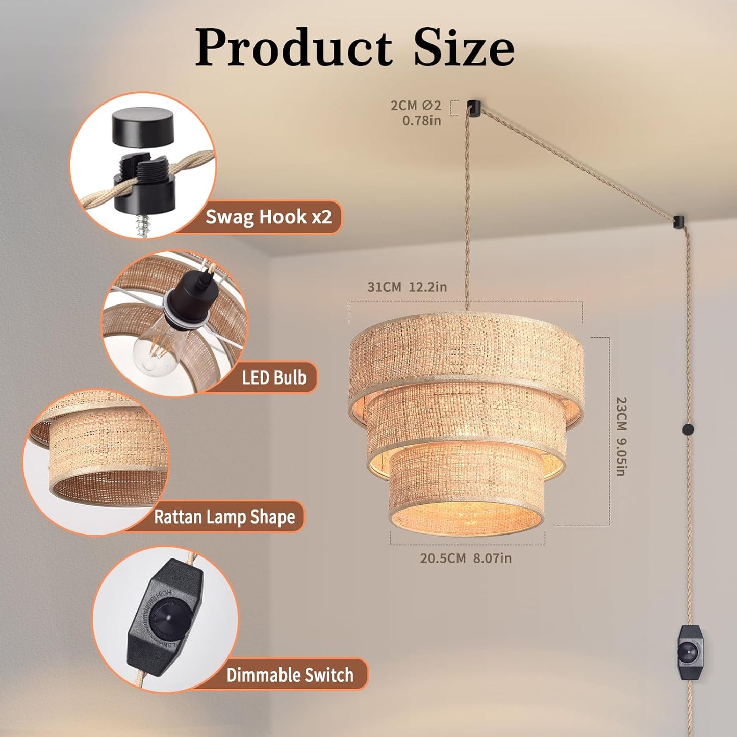 Rattan Plug in Pendant Light, 3 Tier Plug in Chandelier with Boho Wicker Lampshape Hanging Lamp, Hanging Lights with Plug in Cord for Living Room Bedroom Dinning Island,16.4ft Cord