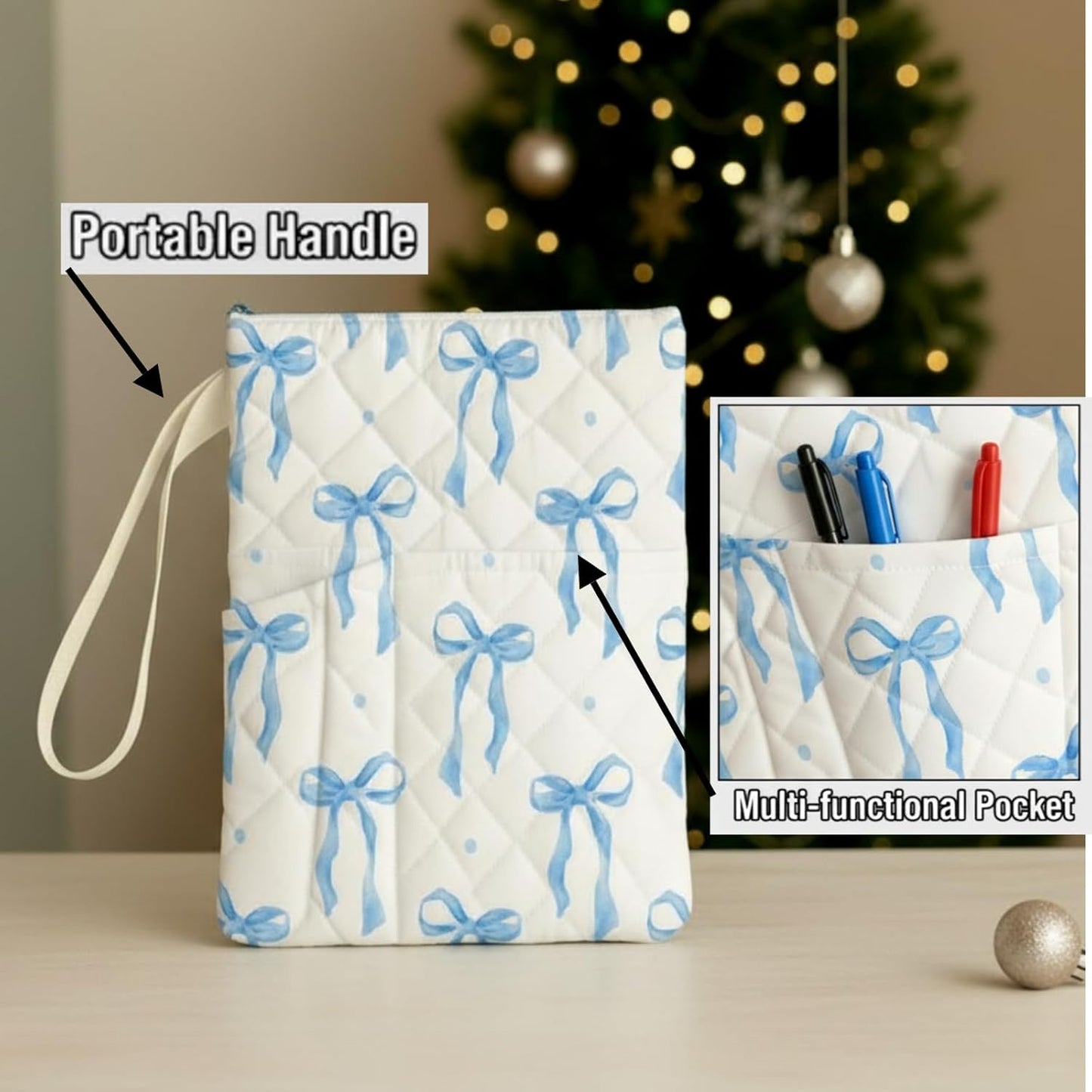 Blue Bow Bible Book Sleeve with Zipper 11" x 9" Padded Protector Washable Quilted Book Covers Printed Bible Pouch with Handle Pockets Protector for Books Lover Christian Gifts