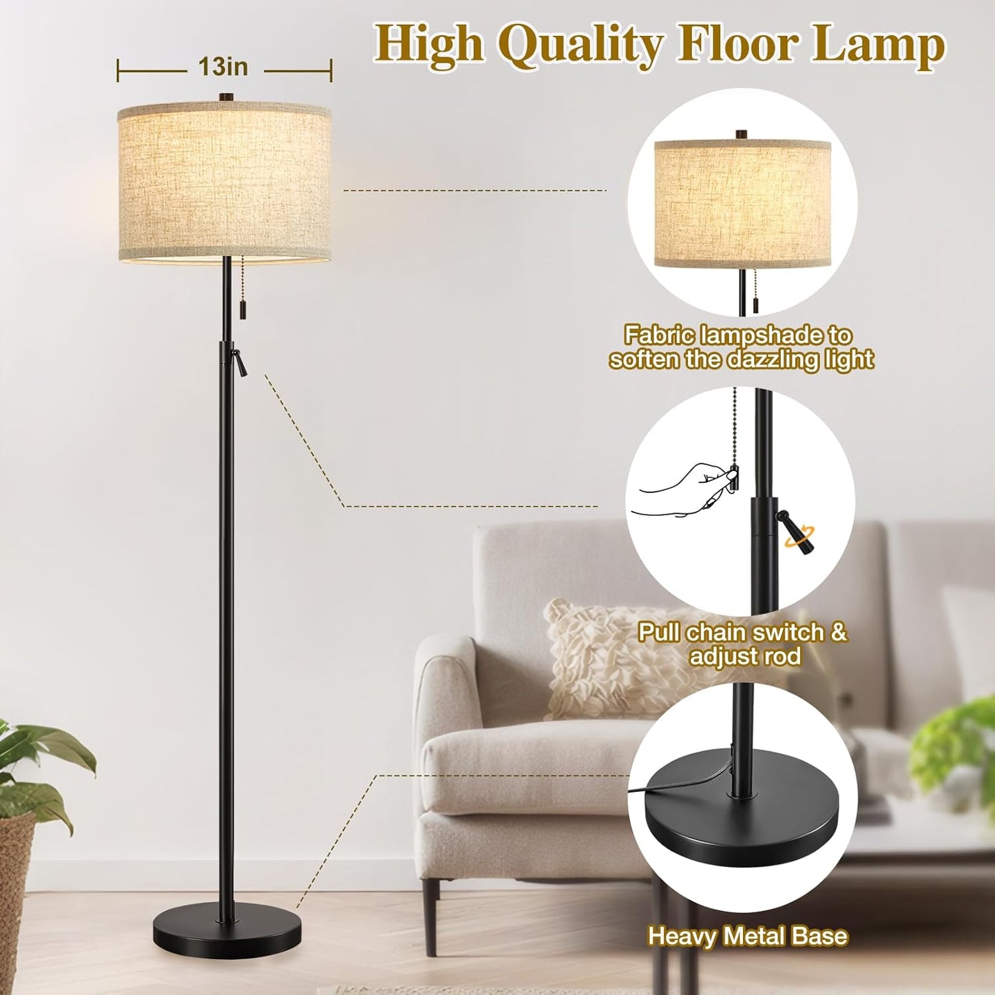 GyroVu Black Floor Lamp, Height Adjustable Standing Lamp Tall Lamp with Fabric Lampshade&Pull Chain Corner Floor Lamps for Living Room, Bedroom & Office Bulbs Not Included(Black Base)