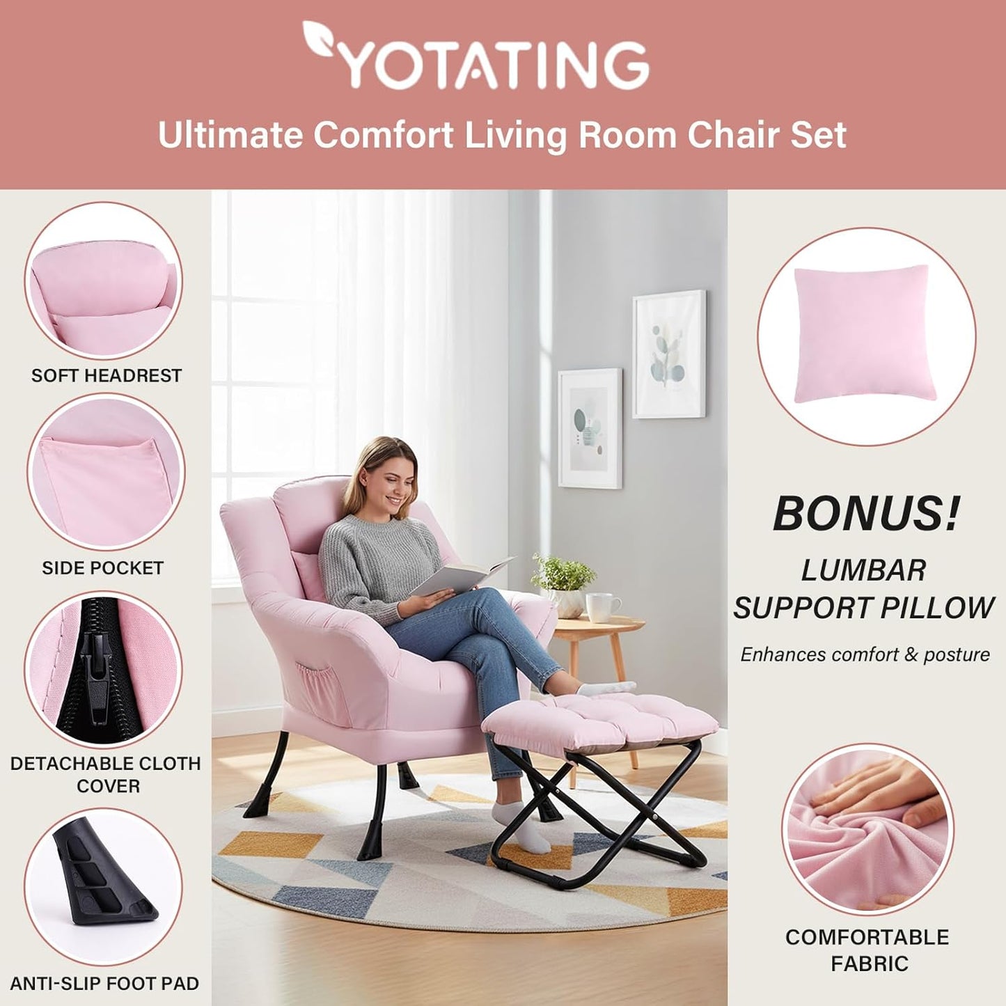 Lazy Chair with Ottoman, Modern Accent Leisure Sofa Chair with Footrest Stool & Throw Pillow, Modern Lounge Chair with Armrests for Living Room, Pink