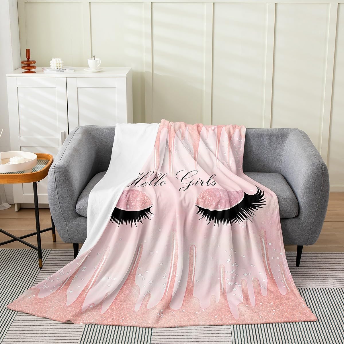 Eyelash Throw Blanket for Kids Adult,Gradient Pink Fluid Ink Fleece Blanket Sofa Bed Decor,Gift for Girls,Girly Bling Bling Starry Sky Flannel Blanket Soft,Butterfly Lash Sherpa Blanket Warm,Throw