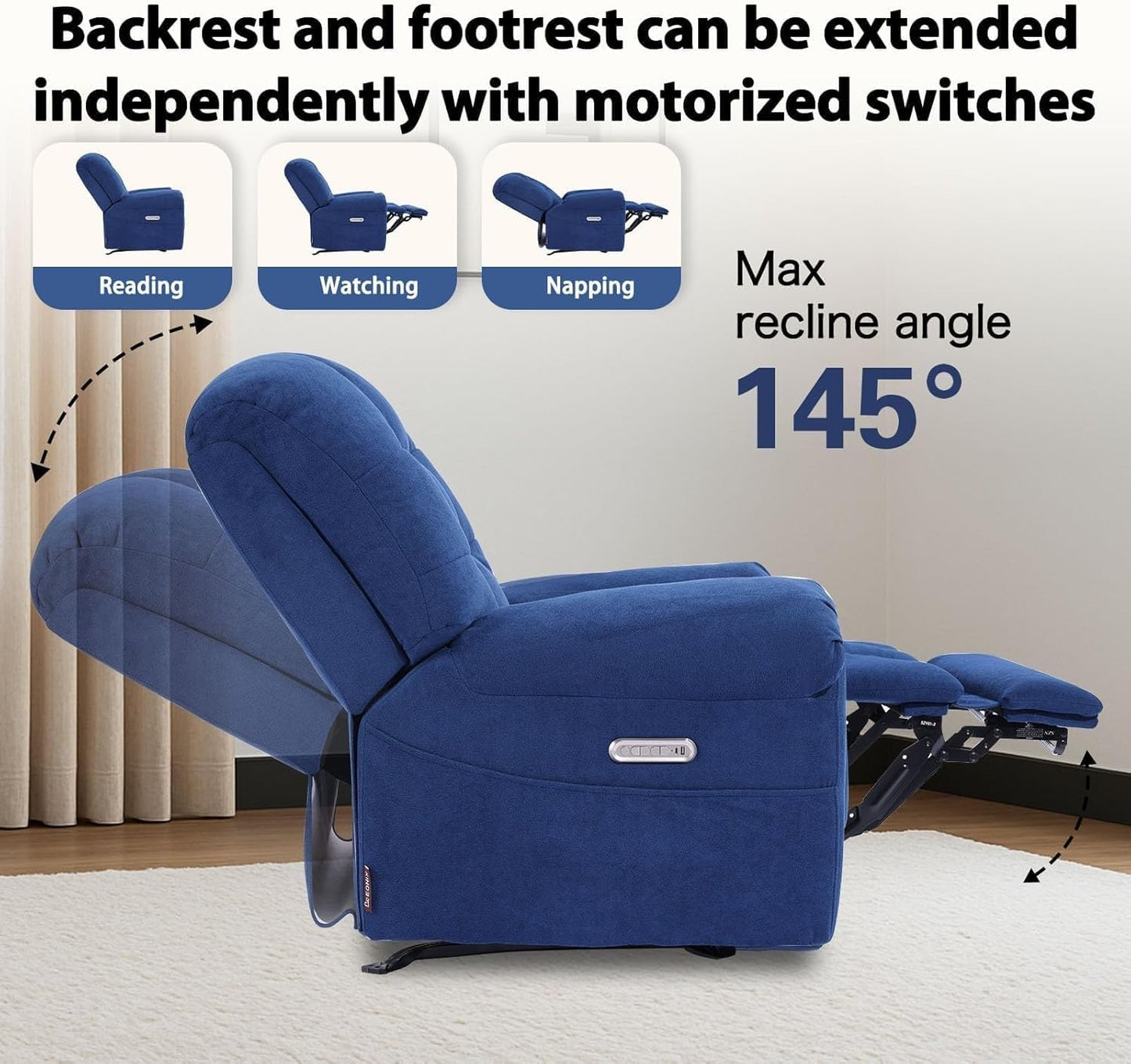 Blue Power Recliner Chair with 8-Point Massage Lumbar Heat Independent Backrest Footrest Control Electric Lift Recliners Chairs for Living Room Bedroom Study