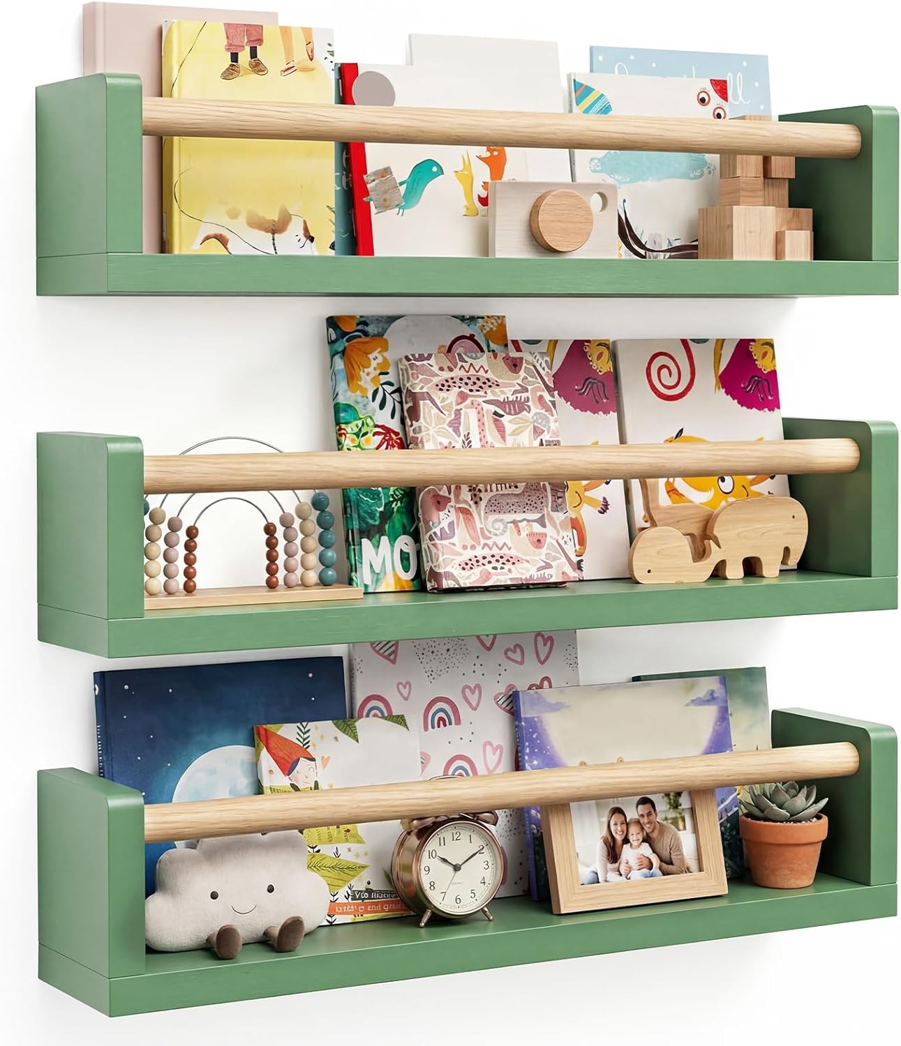 16 Inch Floating Book Shelves for Nursery Set of 3 Sage Green Wood Hanging Bookshelf Room Wall Shelf for Toys Decorative Displays Storage Nursery Decor