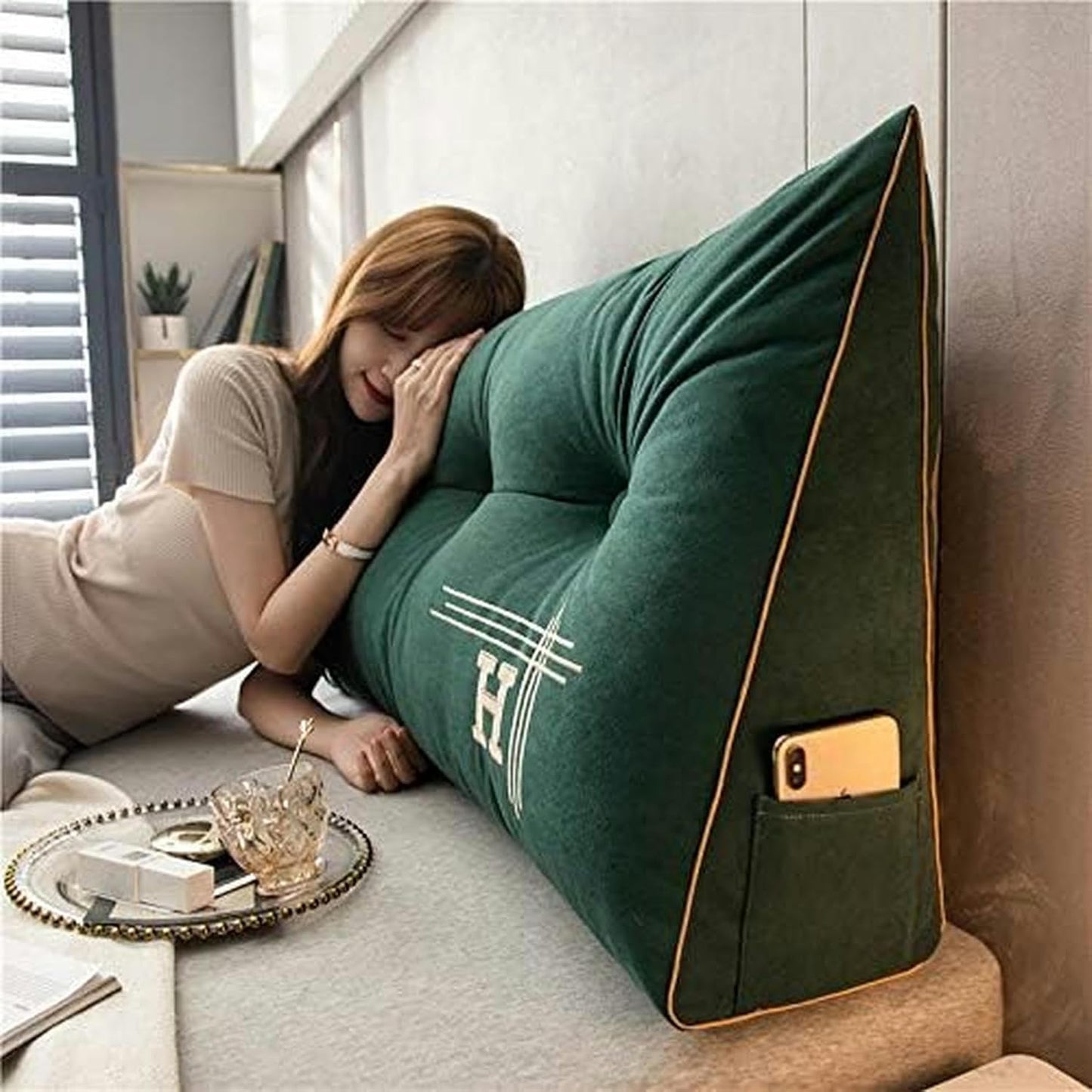 Bed Rest Reading Wedge Headboard Backrest Tufted Pillow, Large Bolster Triangular Headboard Pillow with Pocket and Removable Cover, Back Support Pillow for Sleeping