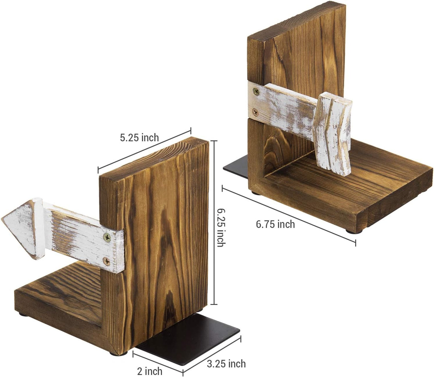 MyGift Farmhouse Bookends, Rustic Book Ends Kitchen, Tabletop Boho Bookend Support Stands, Whitewashed Arrow Design and Burnt Dark Brown Wood