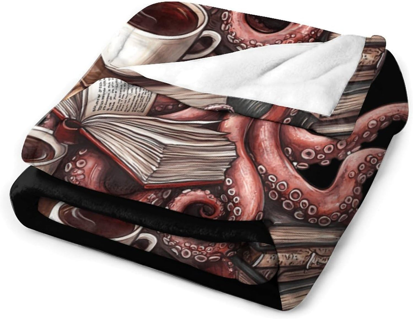 Octopus Reading Book Coffee Flannel Blanket Cozy Fuzzy Plush Throw Blankets for Couch Bed 40"*50" （100 * 130cm）