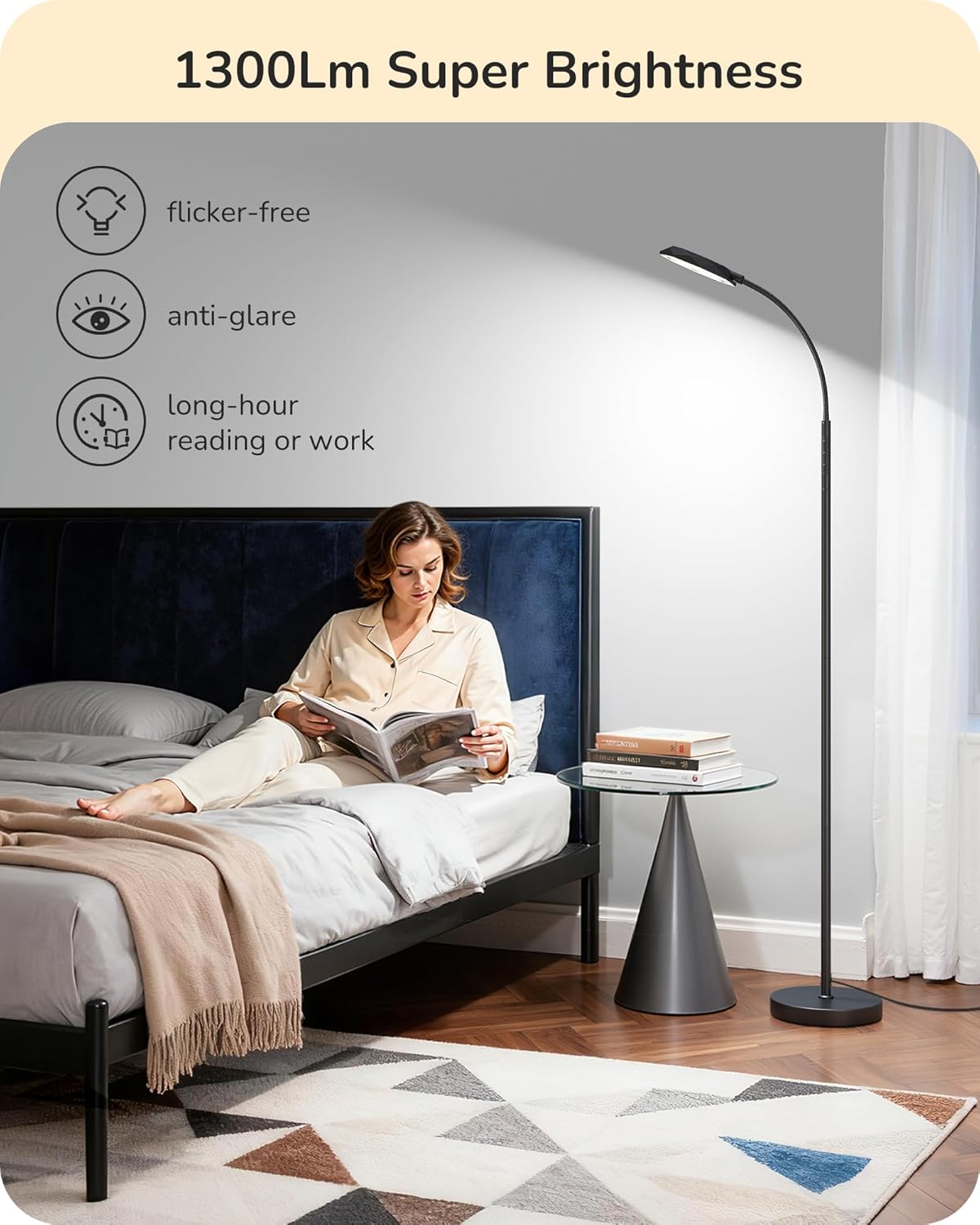 EDISHINE LED Floor Lamp, 1300LM Super Bright Reading Floor Lamps for Living Room, Dimmable 4 Color Temperature Standing Lamp, Remote & Touch Control, Adjustable Gooseneck Lamp for Bedroom Office Black