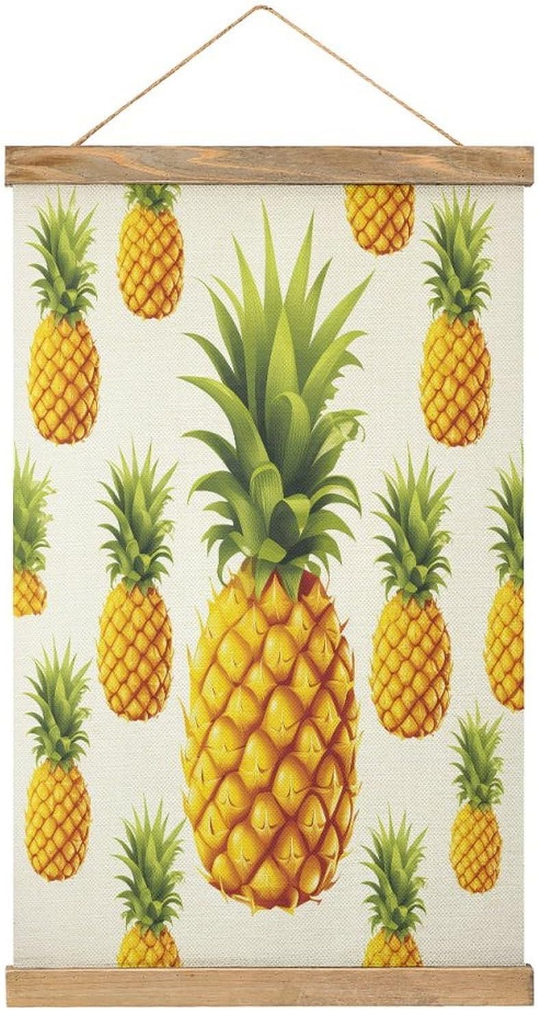 Vintage Yellow Pineapple on White Background Illustration Poster with Wooden Frame Personalized Linen Hanging Scroll Painting Rustic Wall Hanging Illustrative Modern Artwork Decor for Home Living Room