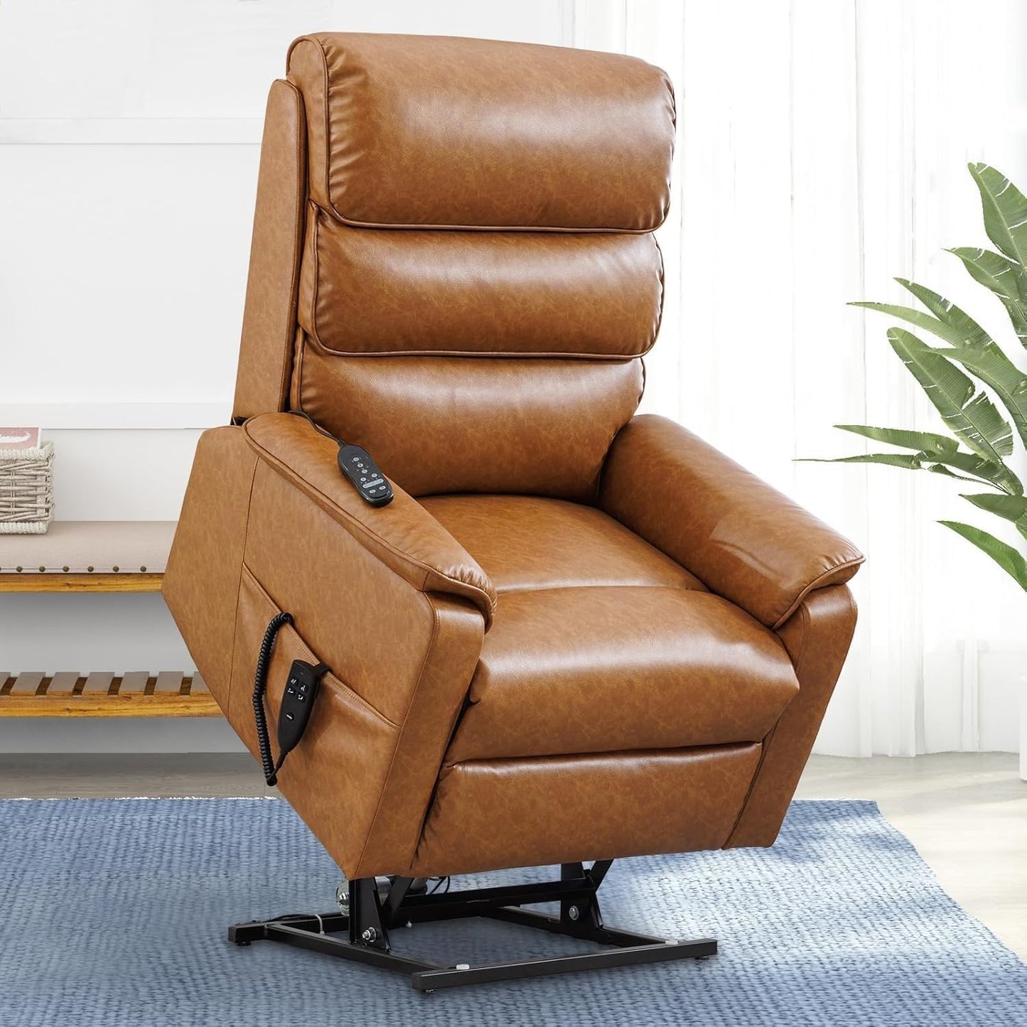 Luxury Dual Motor Power Lift Chair for Elderly, Infinite Position Recliner with Heat and Massage, Breathable Leather High Back Sofa with Remote Control for Living Room