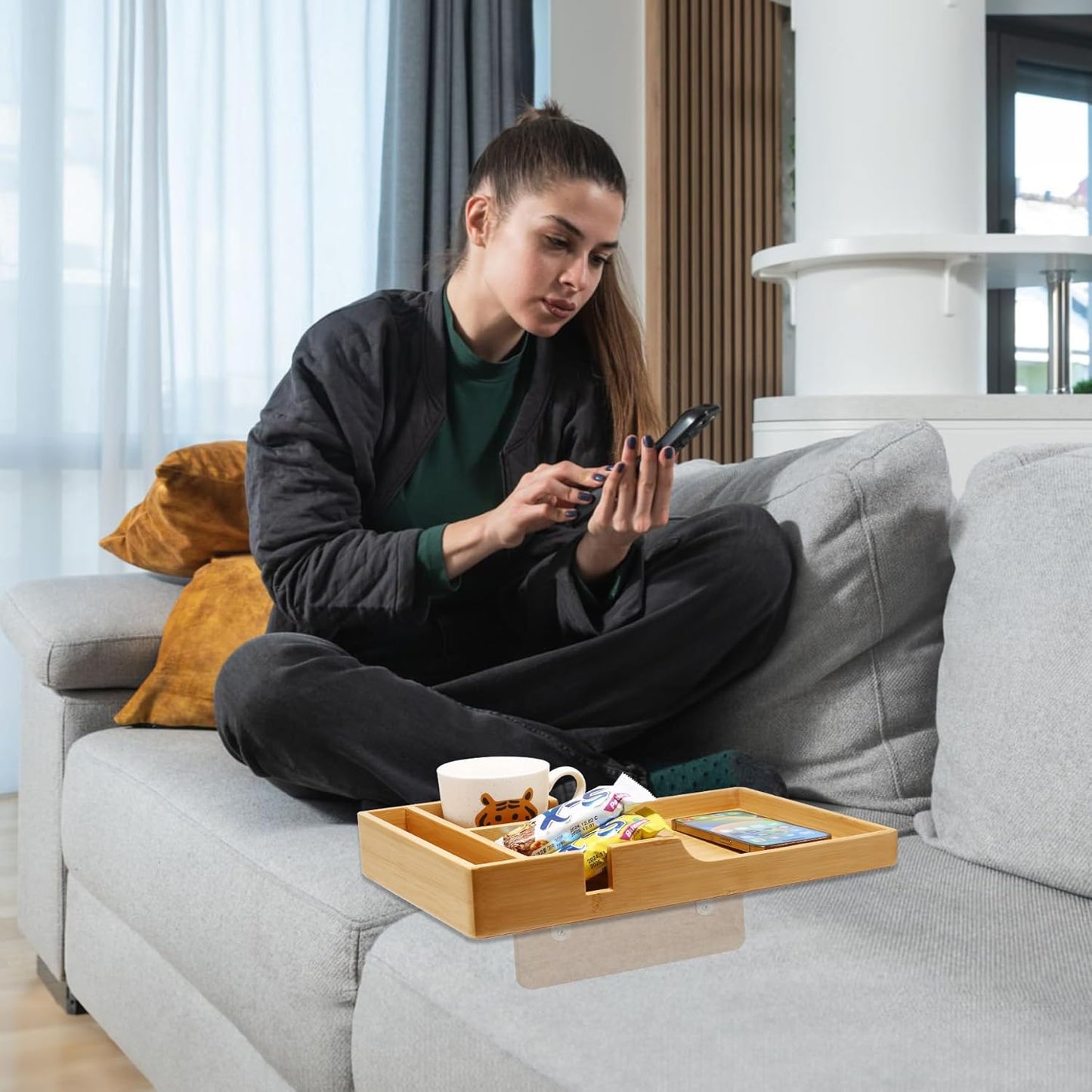 Nnewvante Couch Tray, 2-in-1 Insert & Flat Sofa Organizer Bamboo with 2 Cup Holders,Fits Seat Gaps or Ottomans,for Snacks, Drinks, Remotes,15.35x9.84-inch