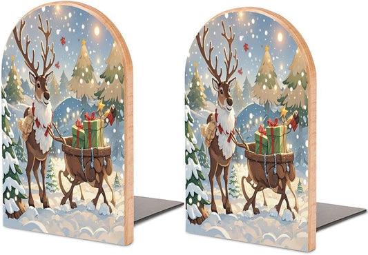 Reindeer Delivering Bookends 1 Pair Heavy Duty Book Ends for Shelves Non-Skid Bookend Supports Wooden Book Holders with Metal Base Desk Organizers Books Storage to Hold Books