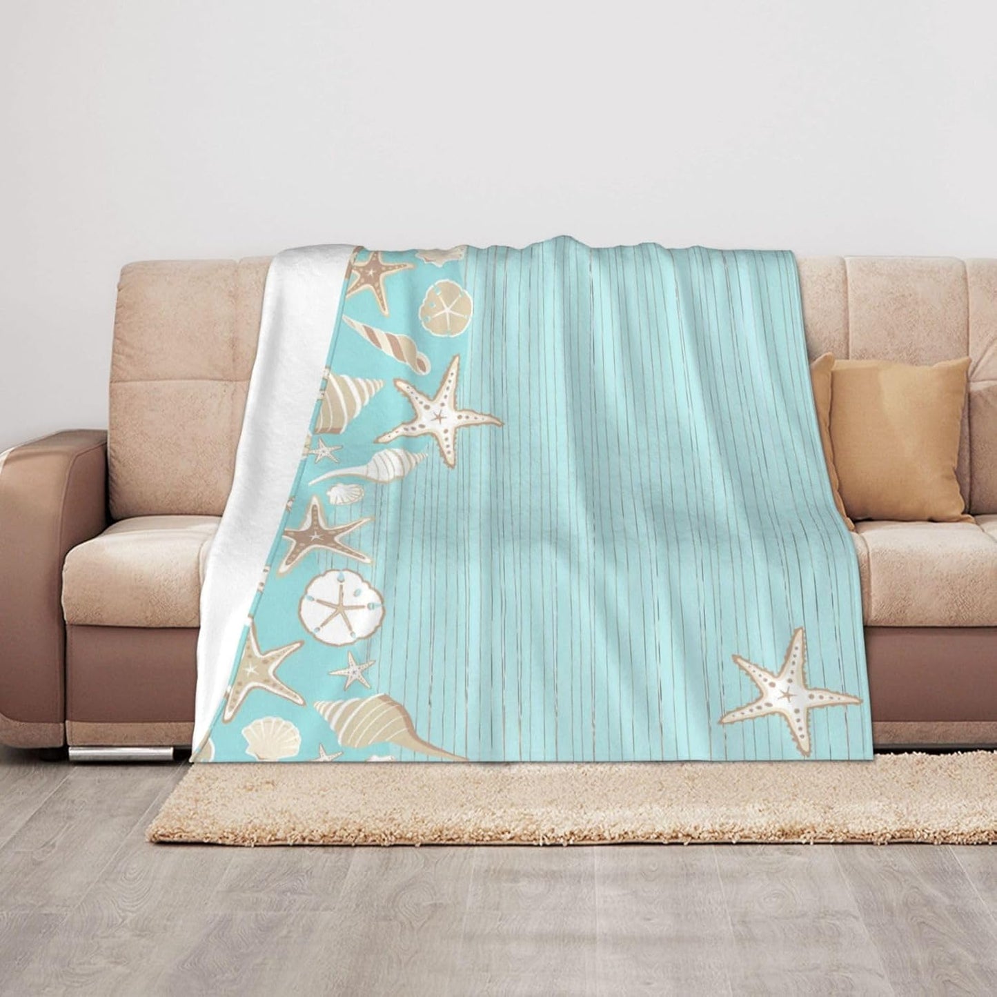 Happy Summer Ocean Themed Coastal Beach Starfish Scallop Throw Blanket Cozy Warm Blankets Soft Flannel Blankets Gift Home Bedding Living Room Couch Sofa Bed for All Seasons Blanket 40x50inch