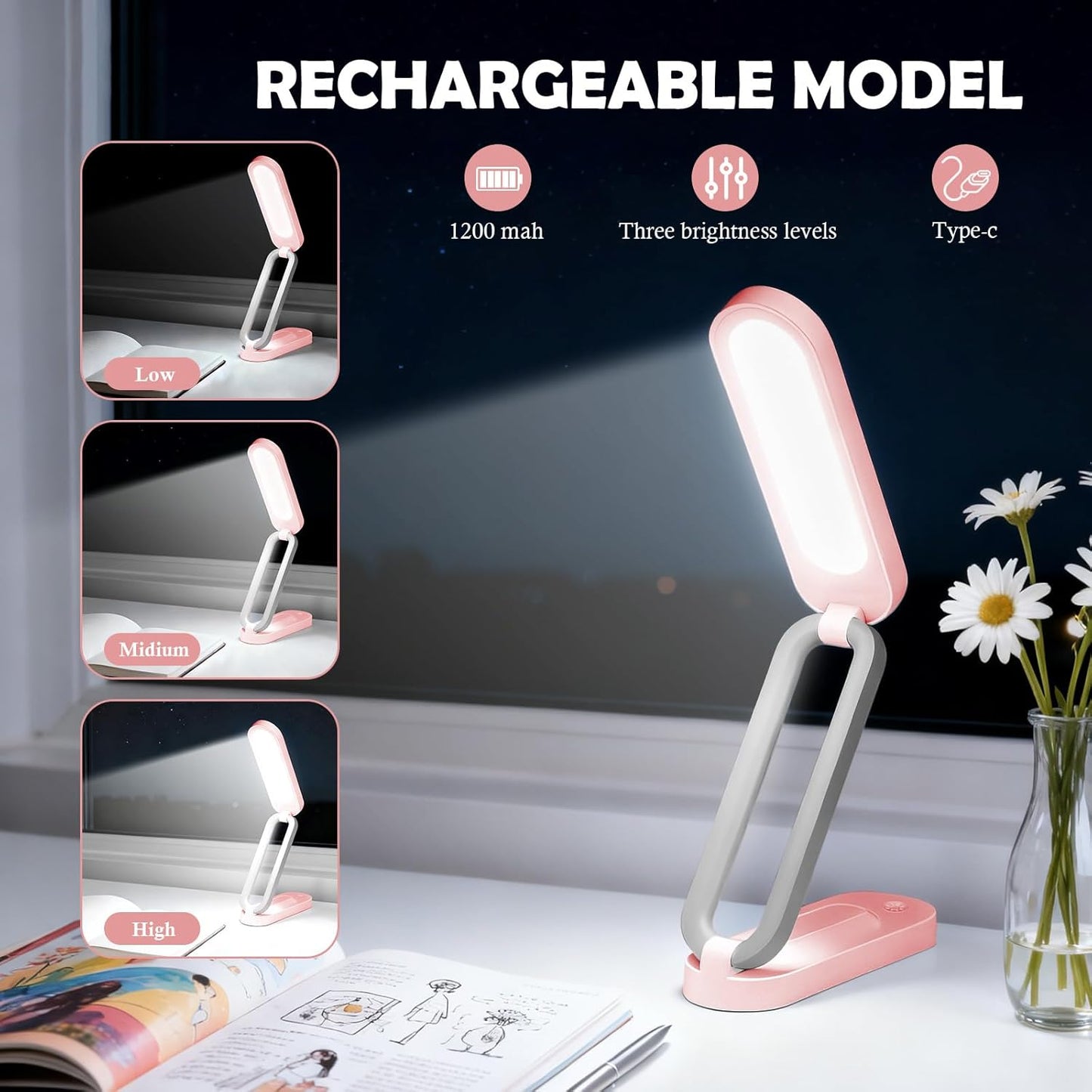 Rechargeable LED Desk Lamp, Foldable Portable Table Light with 3 Brightness Levels,Type-C USB Charging,Small Desk Lamp,Portable Bedside Wireless Reading Light,Home, Office, Nail Art,Craft,Pink