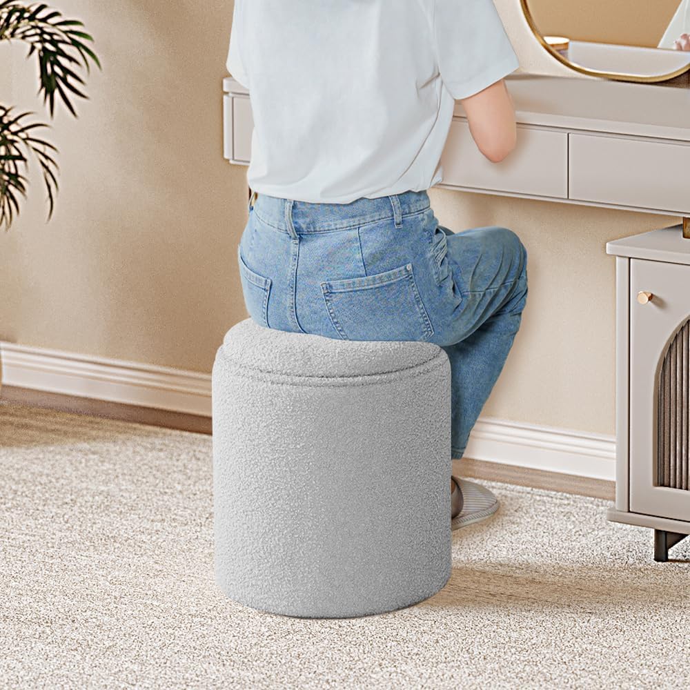 PINPLUS Round Boucle Ottoman with Tray, Storage Teddy Velvet Footstool Ottoman Cube for Living Room, Bedroom, Dorm 13.4"x13.4"x15" (Grey)