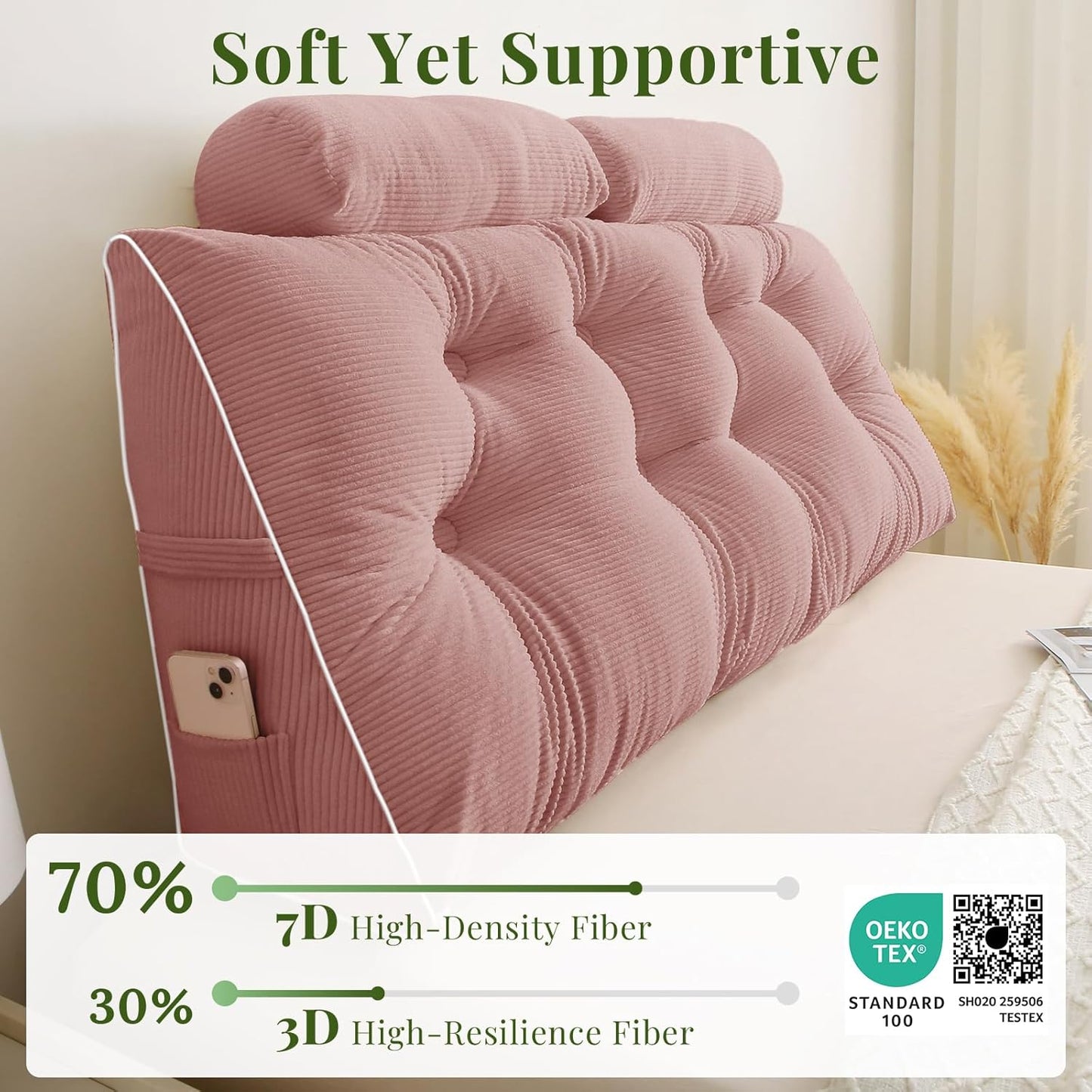 Sasttie Headboard Pillow Full, Wedge Pillow Headboard for Bed Sitting Up, Back Support Pillows for Reading, Sitting or Working with Detachable 2 Pack Neck Bloster Pillows, Pink