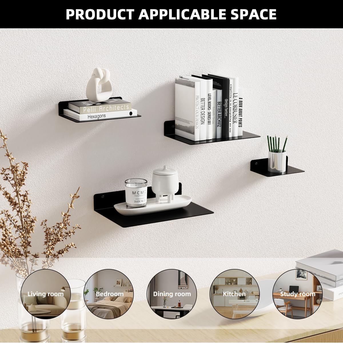 Metal Floating Shelves for Wall Mounted Set of 2, Modern Minimalist Matt Black Book Shelf, Suitable with Bedroom Living Room Decor, Kitchen and Bathroom Accessories 6x4 inch(15x10cm)