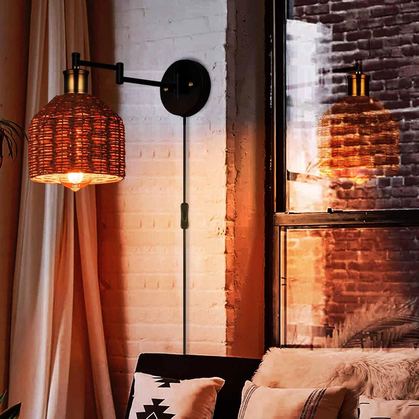 Plug in Wall Sconces, Swing Arm Wall Lamp with Natural Paper String Lampshade Set of 2, Bronze Head, Vintage Adjustable Wall Mounted Sconce Wall Light Fixture for Bedroom,Bedside,Kitchen,Living Room