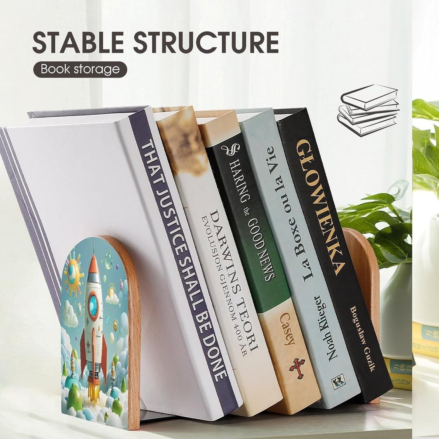 Cartoon Rockets Bookends 1 Pair Heavy Duty Book Ends for Shelves Non-Skid Bookend Supports Wooden Book Holders with Metal Base Desk Organizers Books Storage to Hold Books