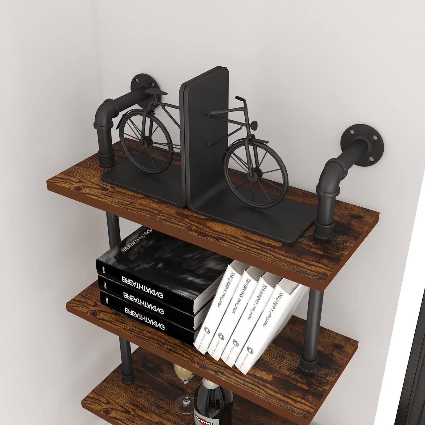 HOMEKAYT Industrial Pipe Shelf Rustic Wood Wall Shelf Ladder Bookshelf Wall Mounted Storage Decor Shelf for Home, Office, Living Room(6-Tier)-Black