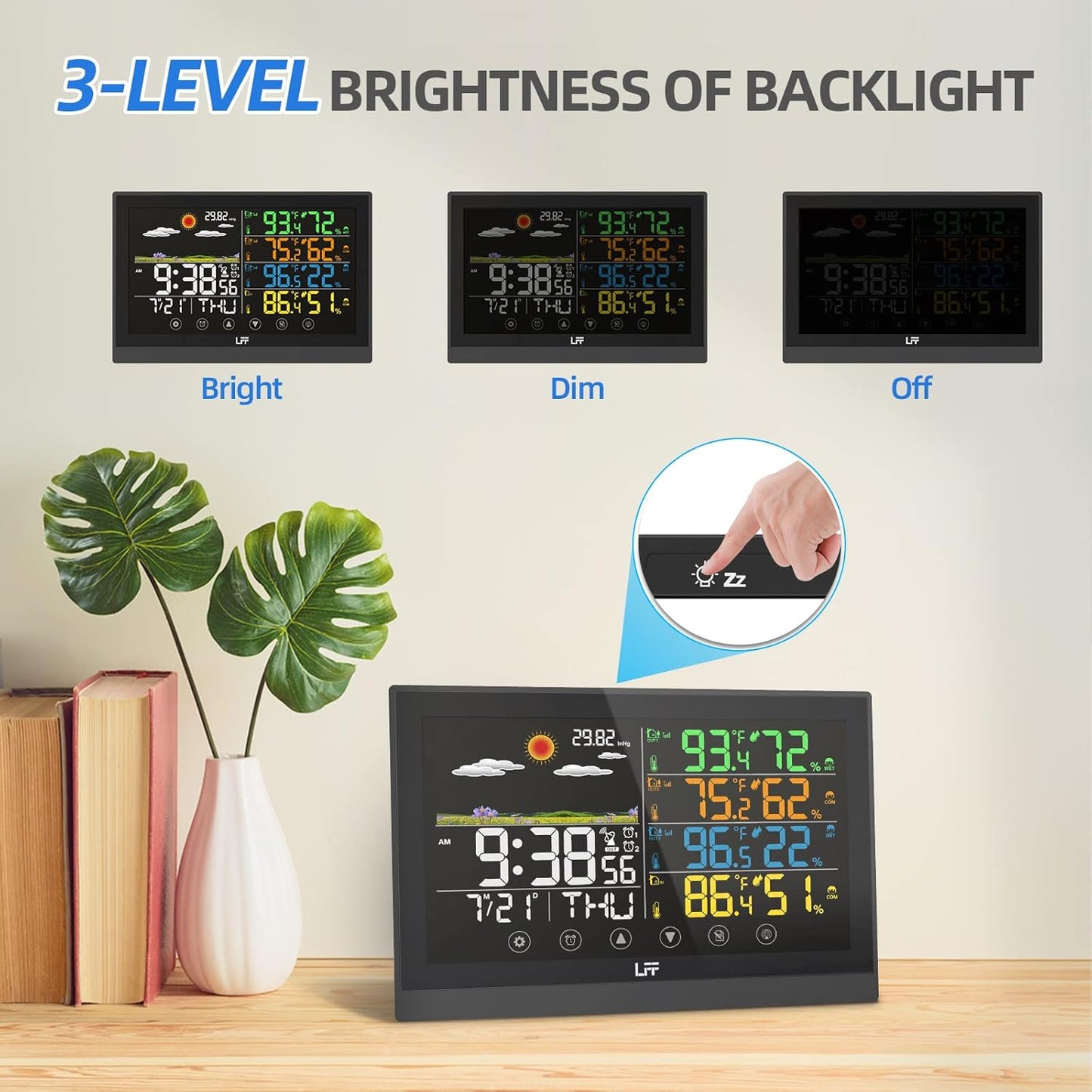 LFF Weather Station, Indoor Outdoor Weather Station Wireless with Multiple Sensors, Color Display Digital Atomic Clock Indoor Outdoor Thermometer Wireless, Forecast Station with Adjustable Backlight