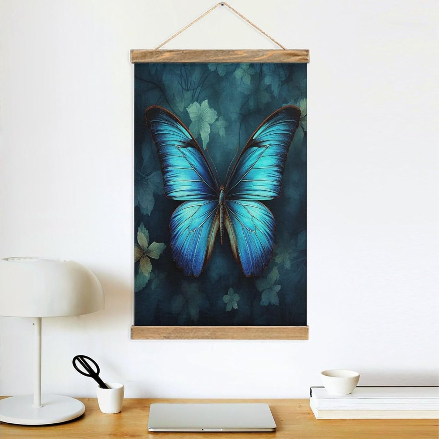 Vintage Blue Butterfly Pattern Poster with Wooden Frame Personalized Linen Hanging Scroll Painting Rustic Wall Hanging Illustrative Modern Artwork Decor for Home Living Room Bedroom Office