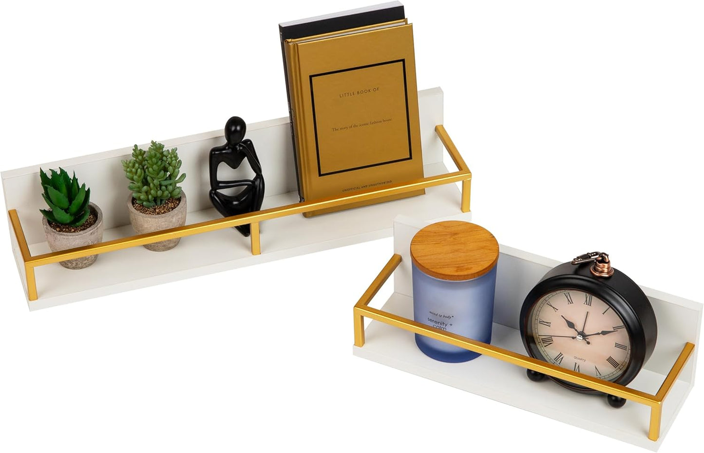 Mind Reader Floating Shelves, Wall-Mounted Office Organizers, Modern MDF Display Storage with Metal Rail, Metal. MDF, Set of 2, White