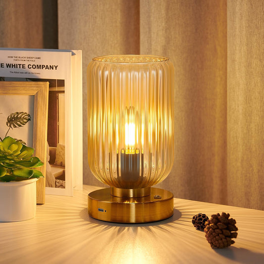 Table Lamp for Bedroom, Cordless Small Bedside Lamp, Touch Dimmable Rechargeable Lamp Battery Operated with Amber Glass Shades for Night Stands, Living Room, Desk, Bulb Included
