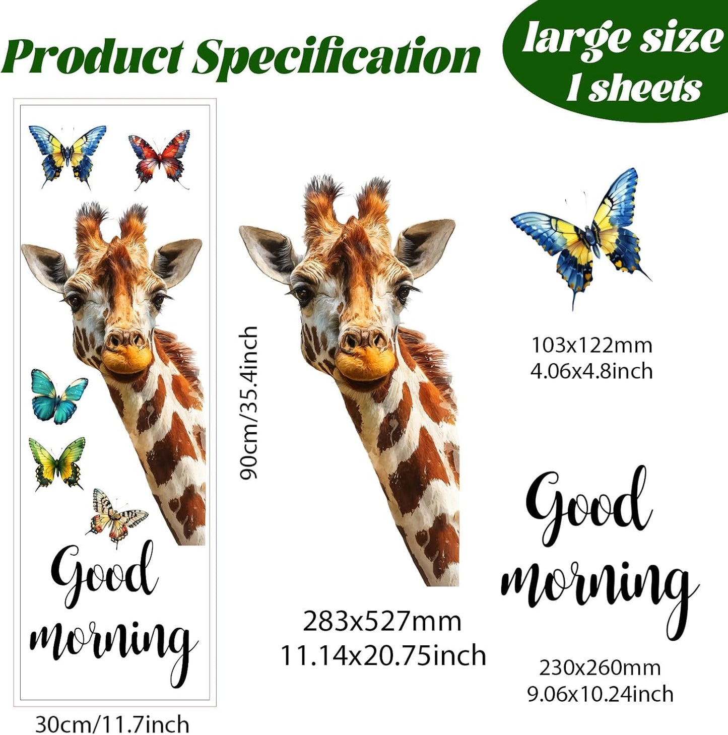 PLIGREAT Cartoon Giraffe Window Clings, Colorful Butterfly Window Stickers Good Morning Giraffe Peel and Stick Windows Decals for Living Room Bedroom School Glass Door Home Decoration