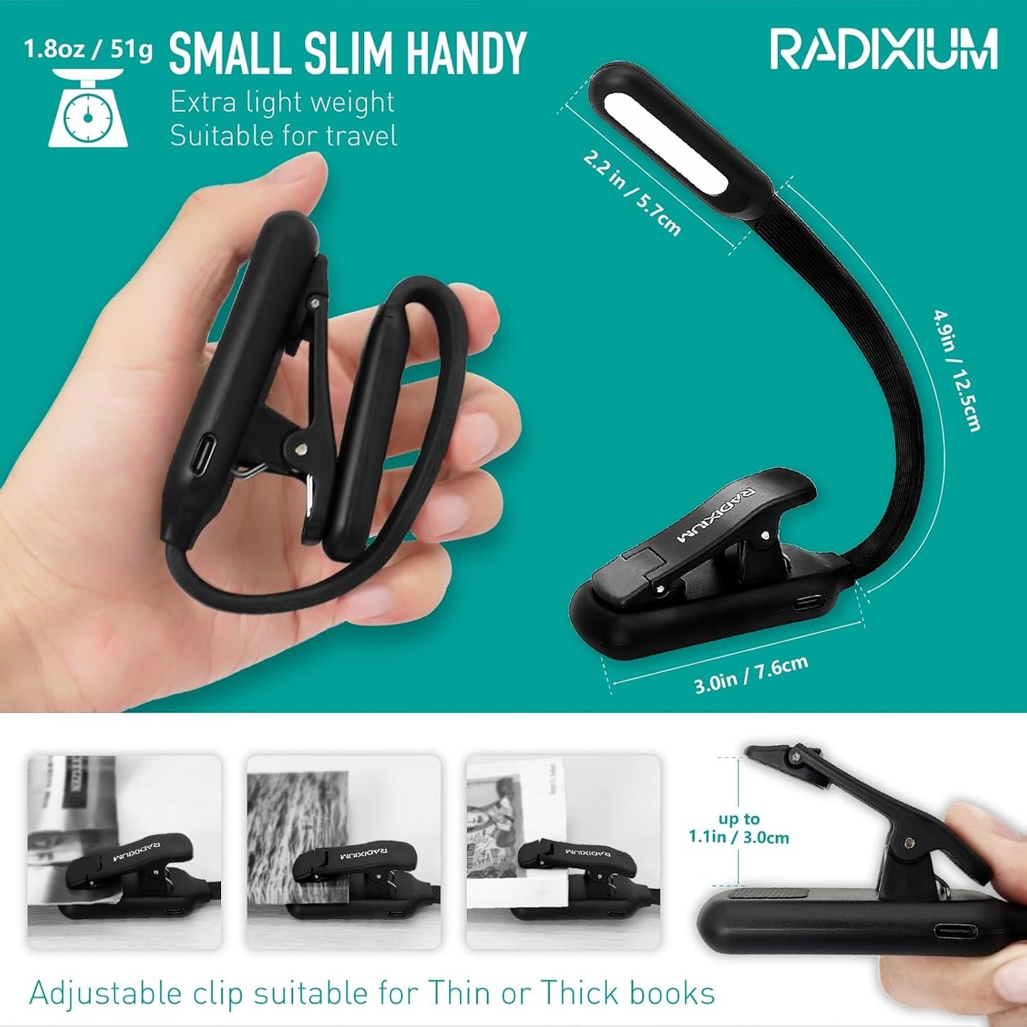 Rechargeable Book Light for Reading - 9LED Eye-Caring Clip Light w/ 9 Color Temp, Stepless Dimming, 50H Battery, USB-C, Ultra Slim - Gift for Book Lovers (Black)