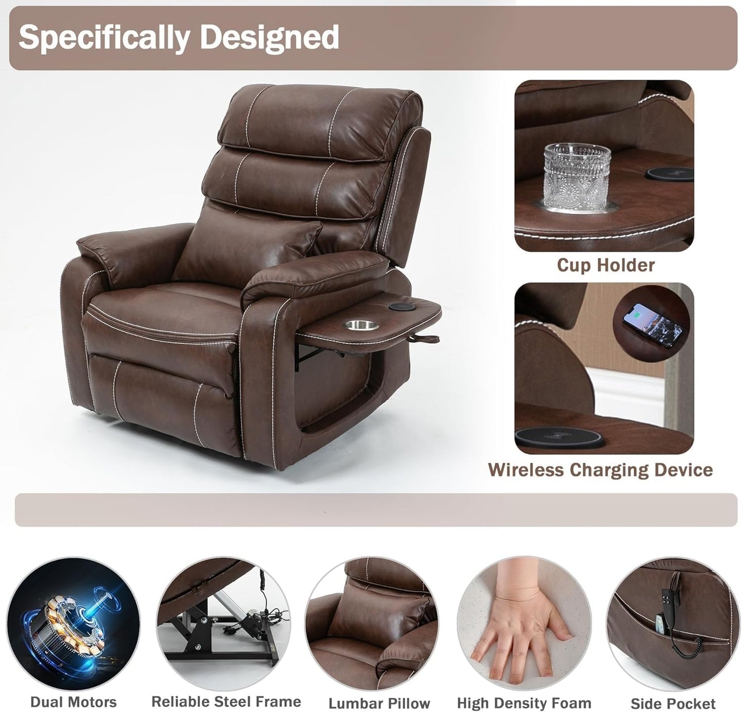 Large Comfortable Power Lift Recliner Chair with Lay Flat Function, Dark Brown Leather Recliner with Massage and Heat, Extended Footrest, Lumbar Pillow, Cup Holder