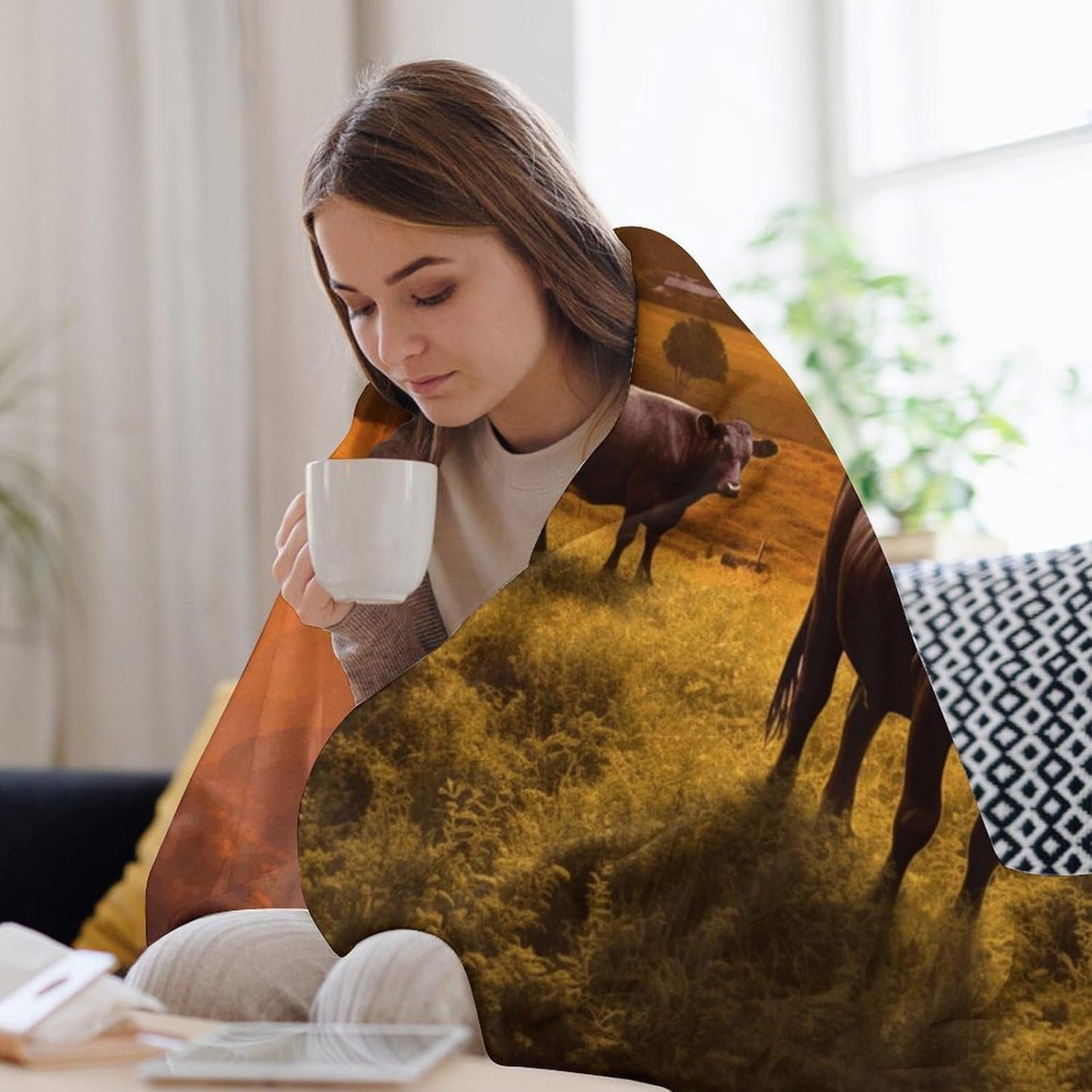 Cow and Sun Orange Sky Throw Blanket for Couch Super Soft Warm Lightweight Throw Blankets Cozy Flannel Bed Blanket Cute Decorative Blankets for All Seasons Home Decor Gift 30"*40"（76 * 100cm）