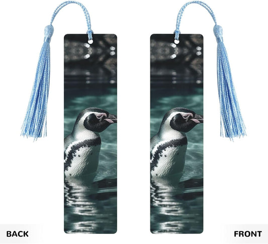 Penguin in Water Bookmarks Gifts for Women Men, Wooden Bookmarks for Book Lovers, Vintage Book Marks Ornaments with Tassel, Unique Personalized Reading Page Markers Sky Blue