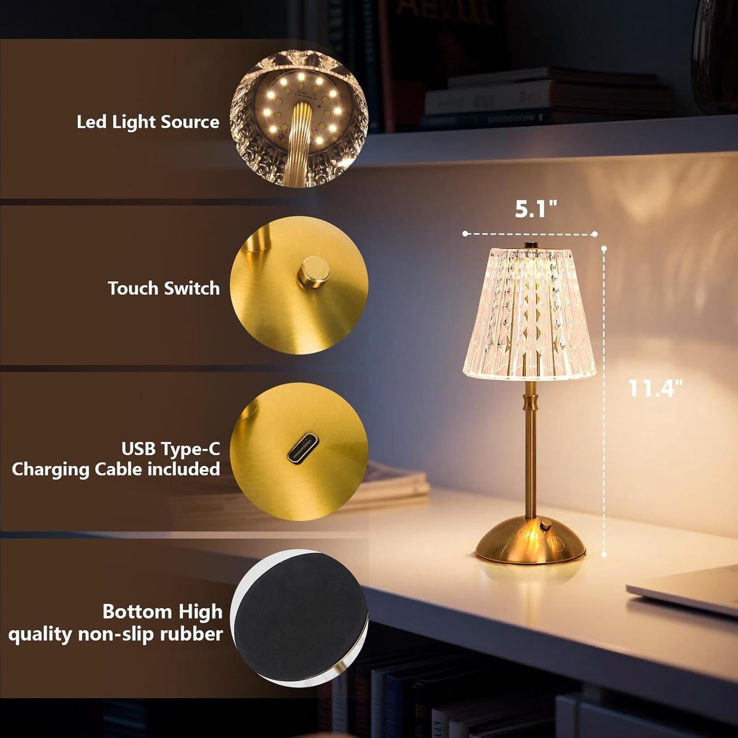 2 Pack Touch Cordless Table Lamp Rechargeable, 3600mAh Battery Operated Small Crystal Lamp, 3 Color Dimmable Vintage Gold Table Light for Bedroom/Kitchen/Gift for Home Décor (Vintage)