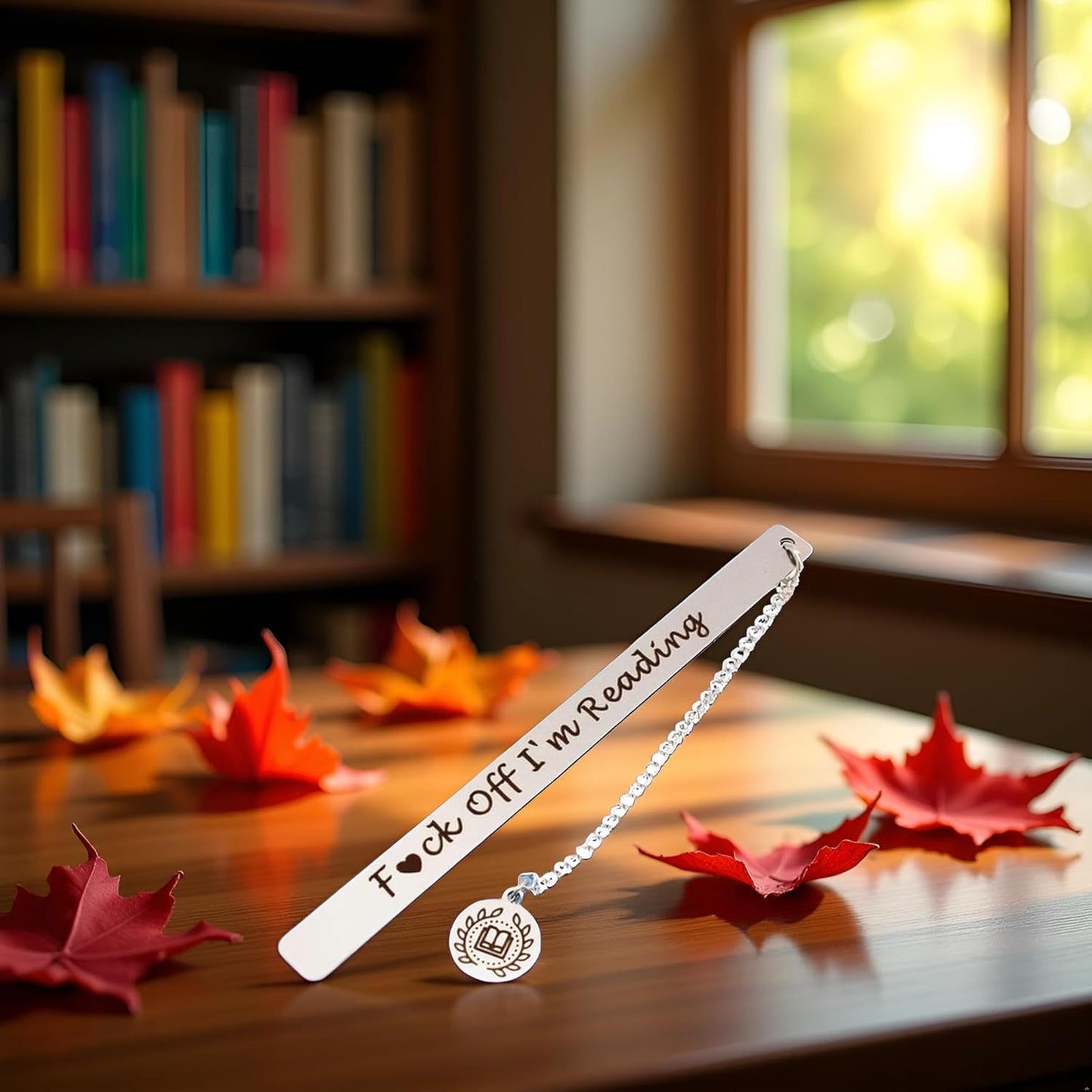 Silver Stainless Steel Leaf Pendant Book Mark,Funny Inspirational Bookmark for Book Lovers Reader Gifts,2024 New Metal Bookmark Gift,Engraved Off I am Reading,Book Covers and Book Accessories