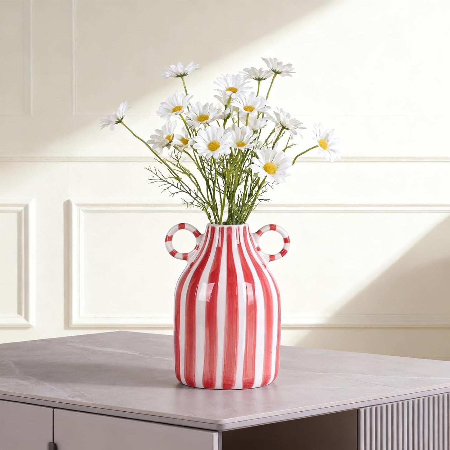 Ceramic Red and White Striped Vase with Handle, Modern Minimalist Christmas Accent Decor Home for Centerpieces for Tables, Kitchen Office, Bookshelf, Bedroom Aesthetic Decor (Red White)