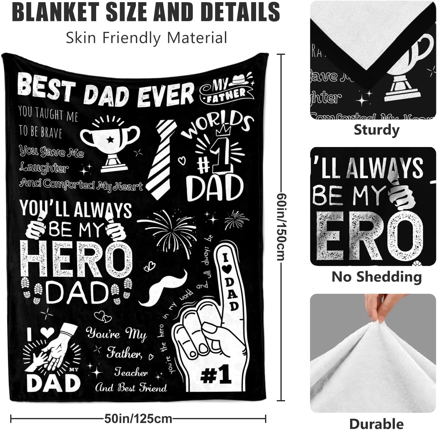 Birthday Gifts for Dad from Daughter & Son - Best Dad Ever Blanket - Christmas Fathers Day Valentines Day Birthday Gifts for Dads Who Have Everything - to My Hero Dad's Blanket 50"x60" Black