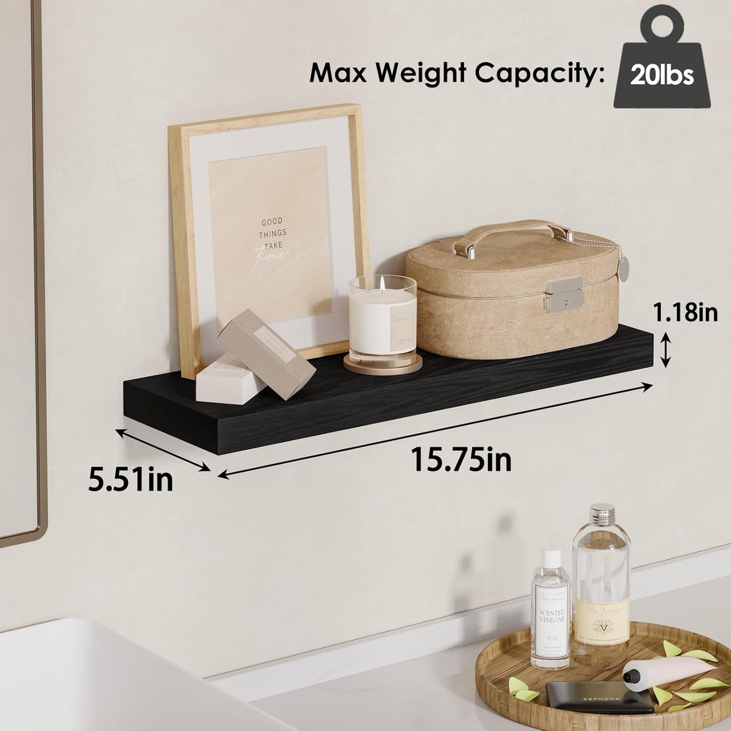 Fixwal Floating Shelves, Wall Mounted Rustic Wood Shelves for Bathroom, Living Room, Bedroom and Kitchen, Wall Shelves for Storage,Books,Room Decor (Black, Set of 4, 15.8 Inch)