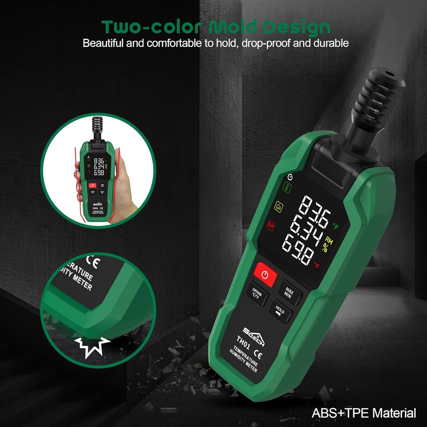 Temperature Humidity Meter, SQECH Digital Hygrometer with Ambient Thermometer,Dew Point,Wet Bulb,Flashlight,Max/Min,Data Hold,High Precision Psychrometer Monitor with Color Backlight for Home HVAC