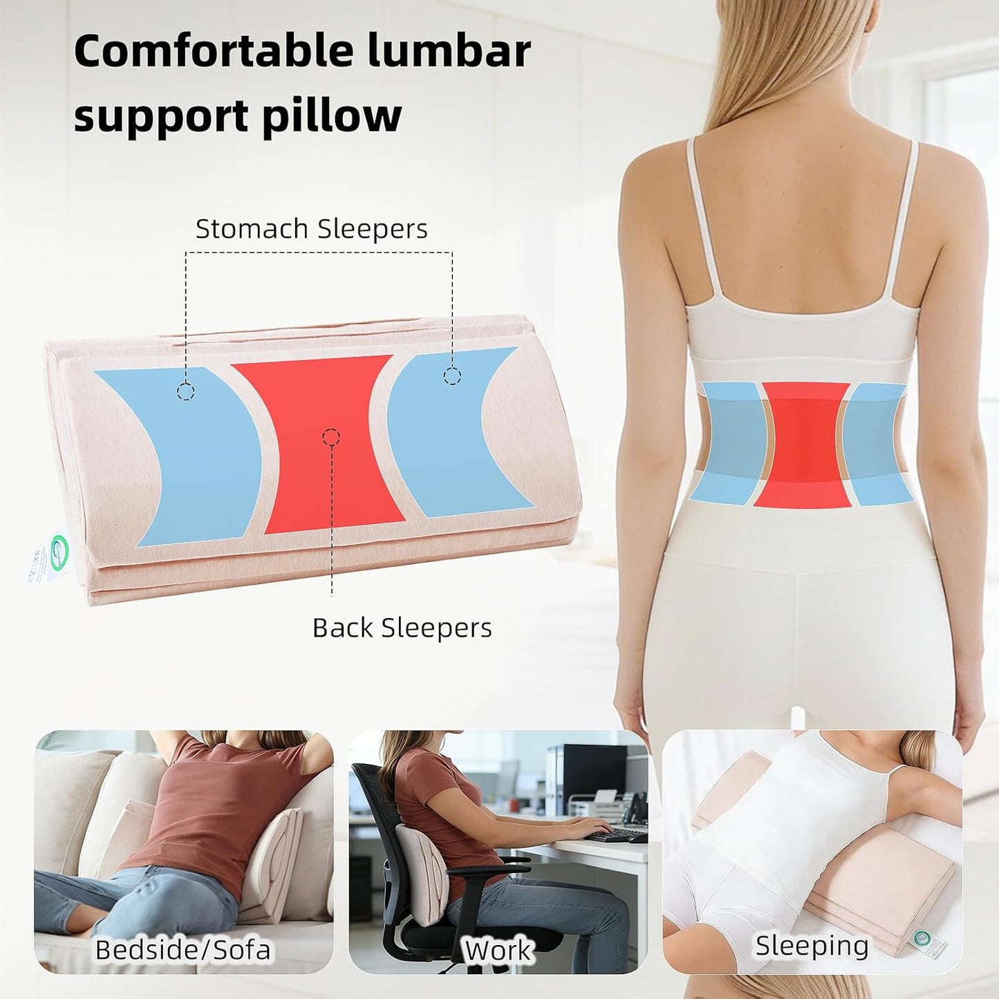 Adjustable Lumbar Support Pillow for Bed, Back Sleeping Cushion with Removable Height Layer & Dual-Firmness Inserts for Lower Back Pain Relief, Spinal Alignment & All-Night Comfort