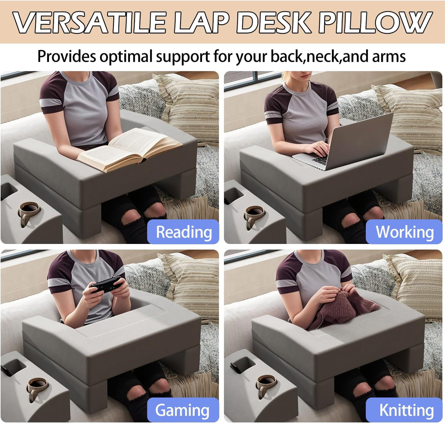 Lap Desk Pillow for Laptop, Large Reading Pillow for Adult, Ergonomic Arm Rest Pillow with Cup Holder, Memory Foam Bed Desk for Working (Reading Pillow + Cup Holder)
