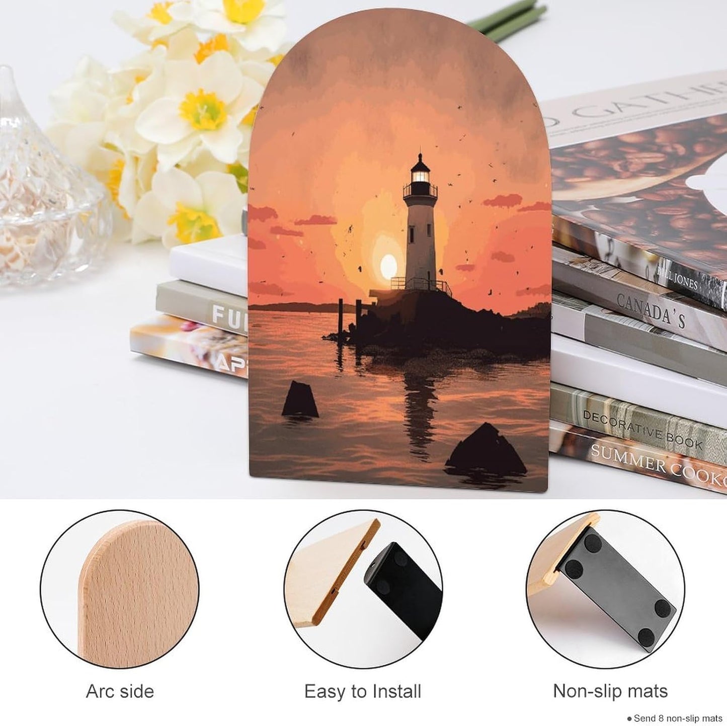 Lighthouse Sunrise Bookend for Shelves Wooden Book End Large Size Sturdy Book Holders Stoppers with Metal Base for Bookshelves Slick Decorative Bookends Stands