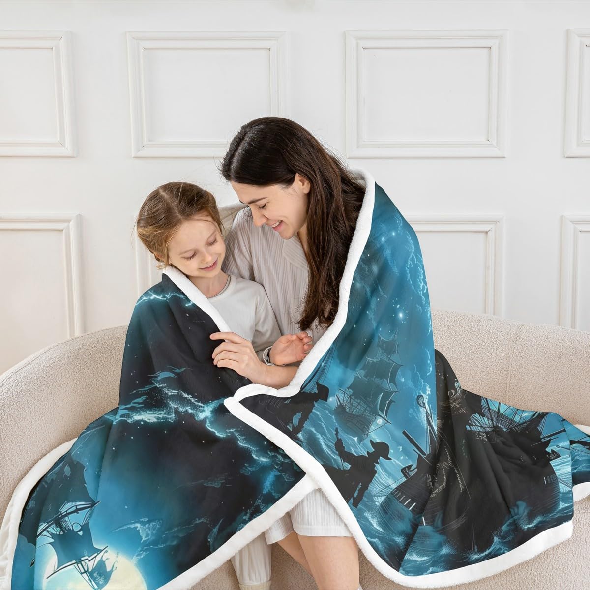 Pirate Skeleton Blanket,Nautical Adventure Throw Blankets for Kids Boys Girls,Modern Abstract Pirate Ship Super Soft Wrinkle Sherpa Blanket,Queen 90x90,Living Room Decor,Cozy,Plush,Lightweight