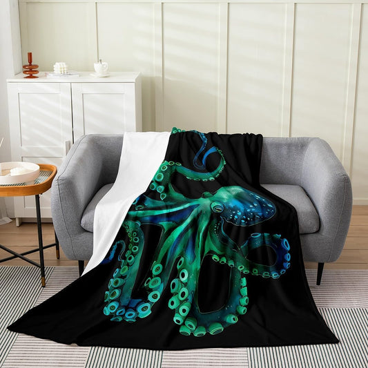 Octopus Fleece Blanket All Season Coastal Sealife Throw Blanket Throw for Kids Boys Girls Ocean Kraken Flannel Blanket Sofa Bed Couch Decor Teens Green Octopus Tentacles Plush Blanket Warm Soft