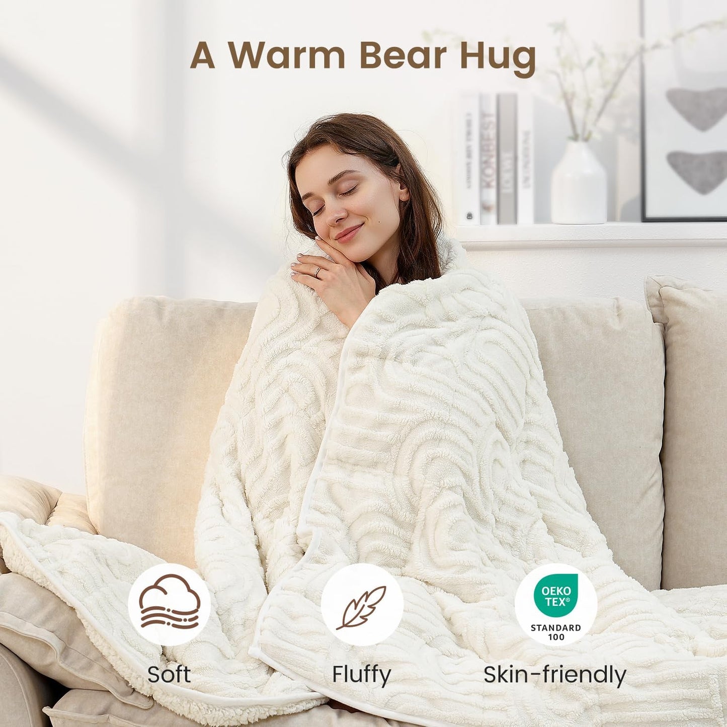 Sherpa Fleece Adult Weighted Blanket Great for Sleep, 15 lbs Dual Sided Soft Fuzzy Heavy Blankets for Couch Bed Sofa, Cozy Warm Arched Jacquard Throw for Winter (Cream White, 60" x 80", 15 Pounds)