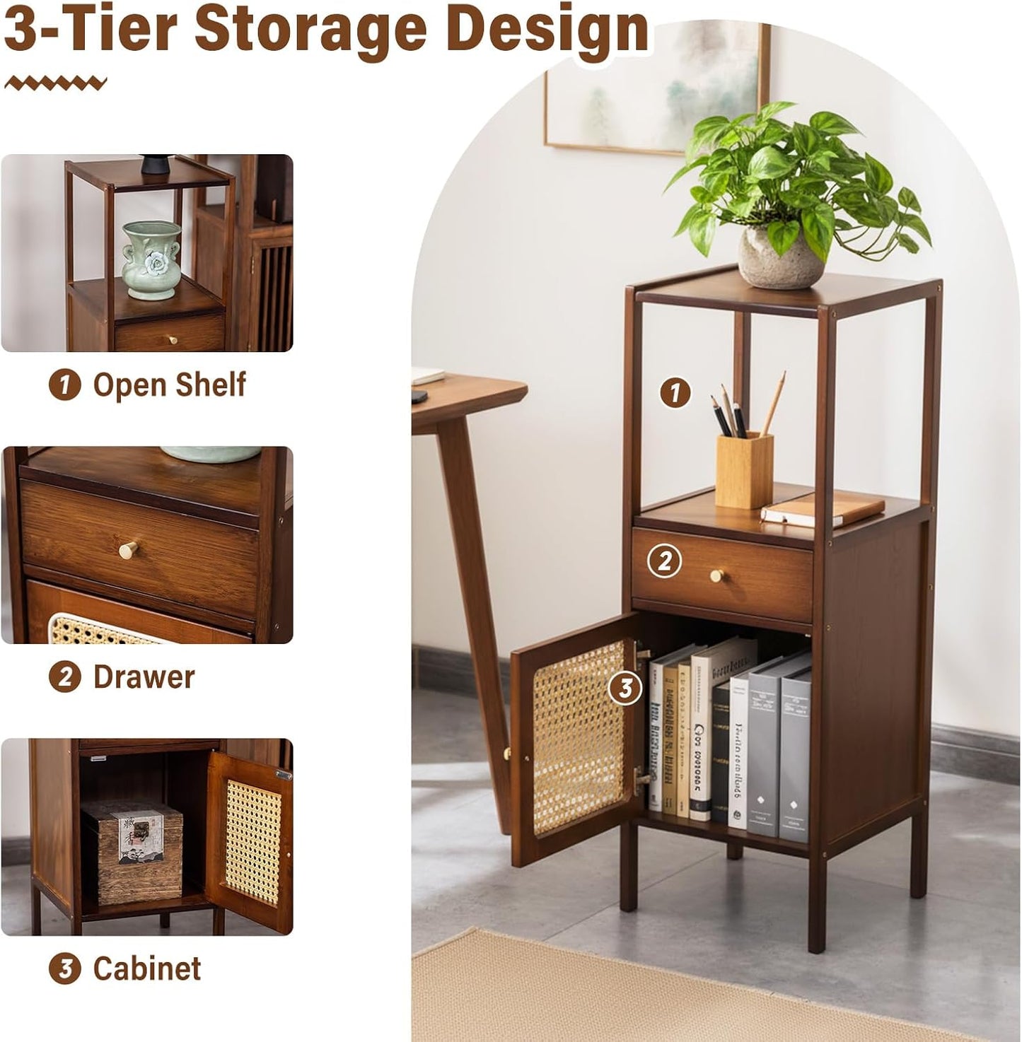 3-Tier Narrow Wood Bookcase with Rattan Door & Drawer — Mid-Century Modern, Walnut