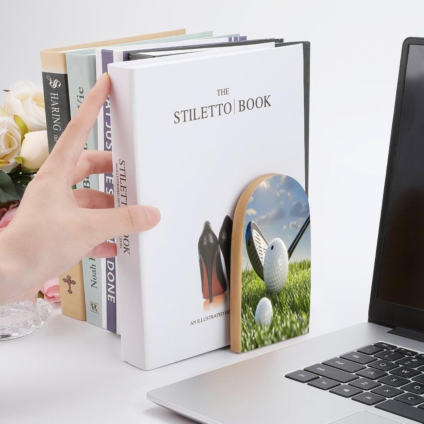 Golf Ball Bookends 1 Pair Heavy Duty Book Ends for Shelves Non-Skid Bookend Supports Wooden Book Holders with Metal Base Desk Organizers Books Storage to Hold Books