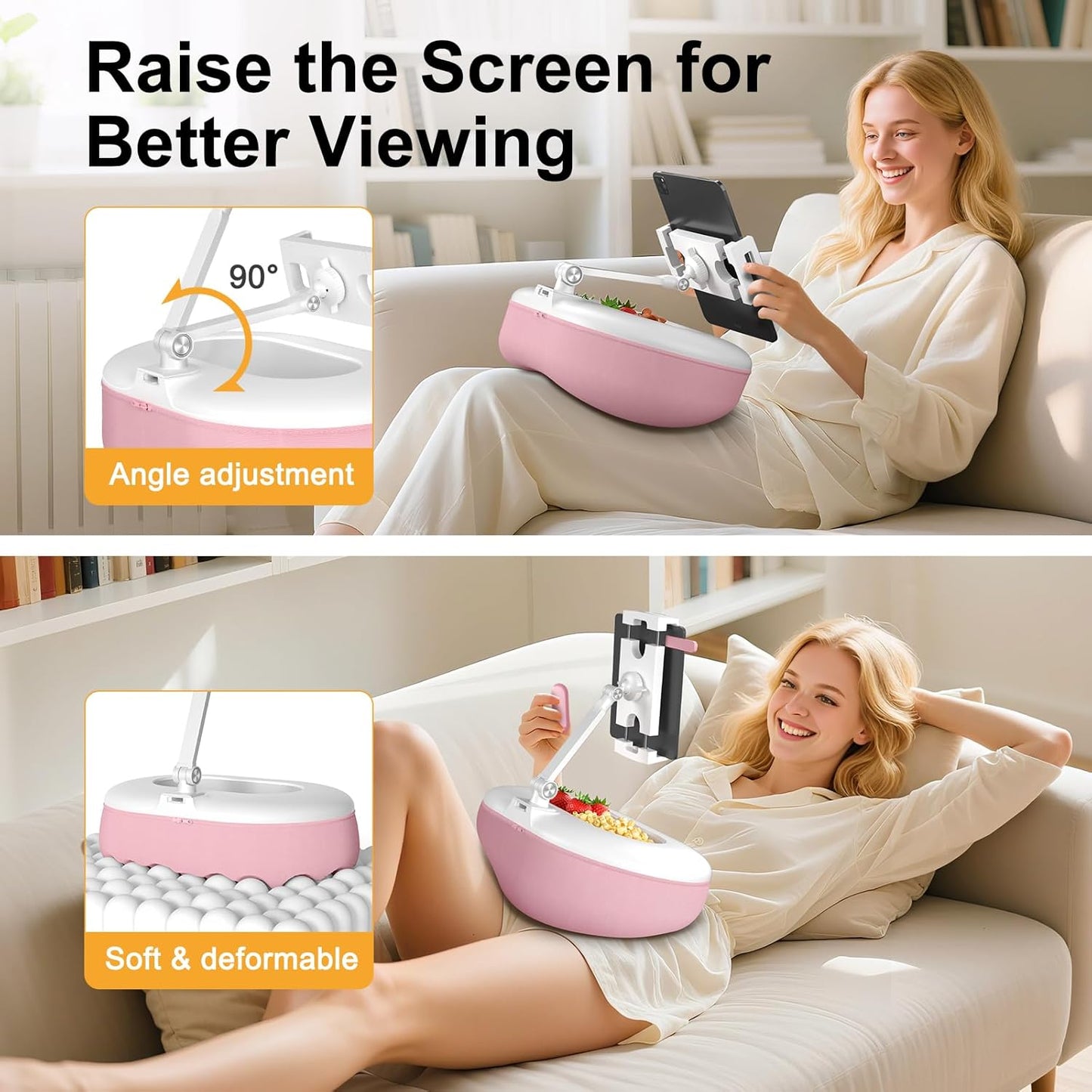 Beanbag Tablet Stand Raises Screen Height, Hands Free Reading Holder, Featuring Snack Bowl and Detachable Base for Cozy Reading in Bed or Couch, Compatible for Kindle, iPad, eBook,Pink