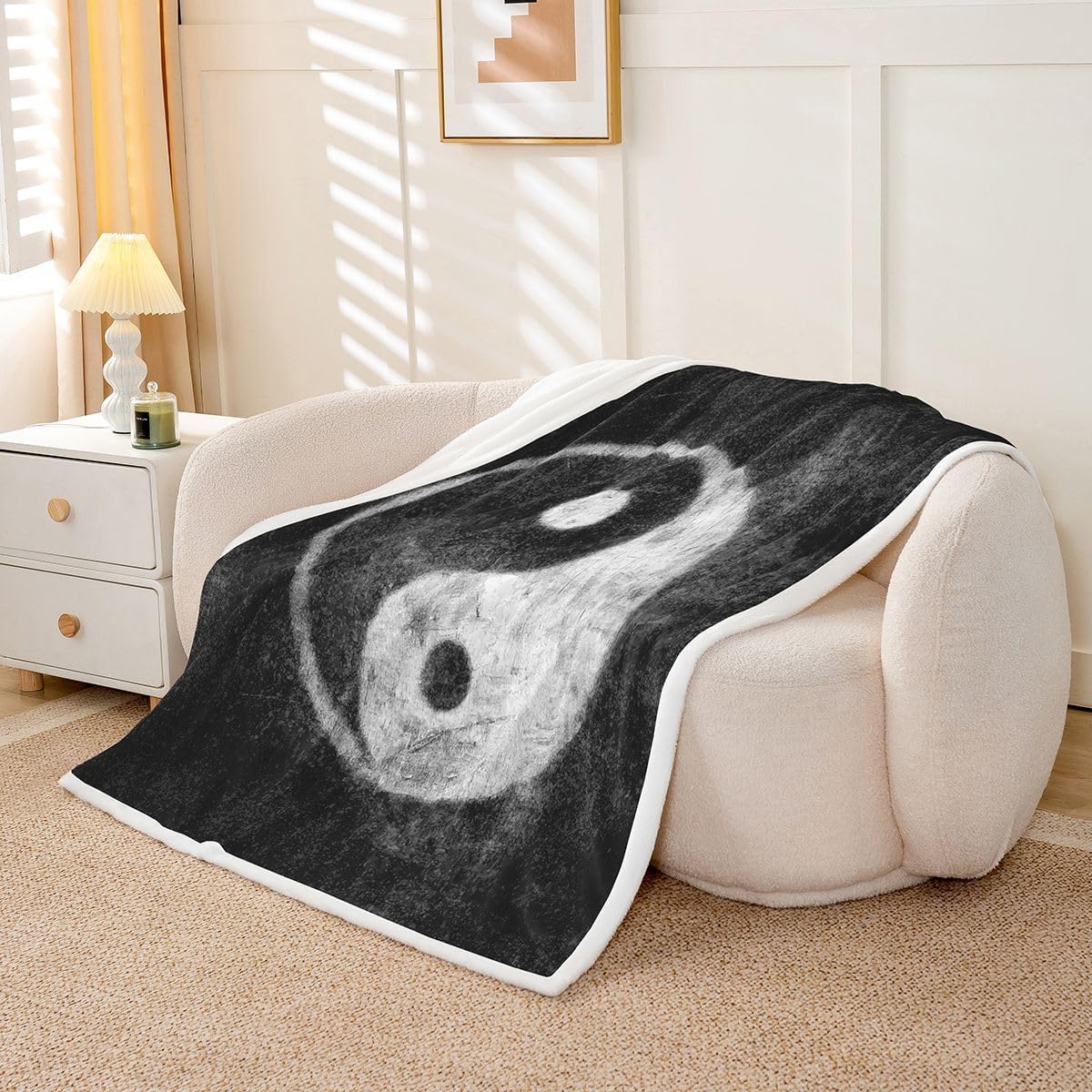 Yin Yang Fleece Throw Blanket for Sofa Couch Bed - Boho Trippy Psychedelic Art Plush Sherpa Blanket - Decorative Gossip Pattern - Traditional Ying Yang Theme - Fuzzy Baby 30x40 Inch